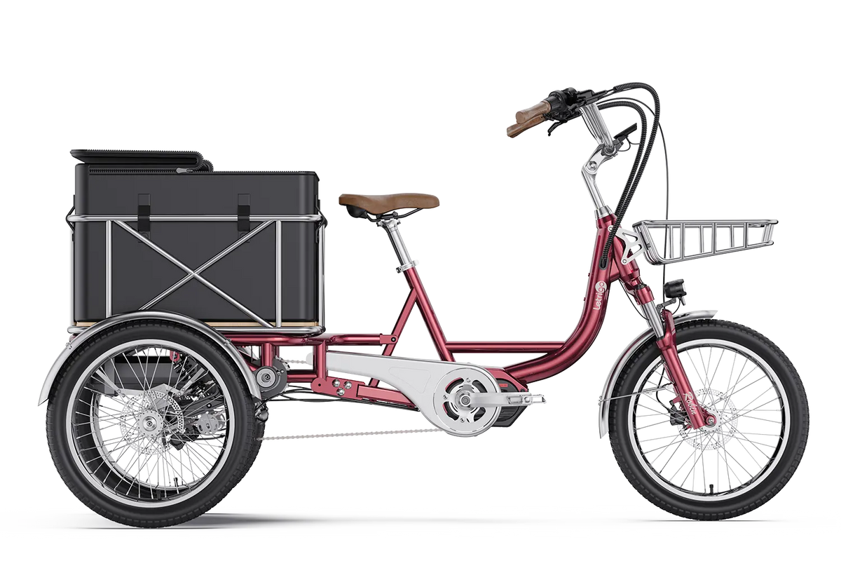 Letrigo Robin electric cargo trike, Red, with cargo box and front basket