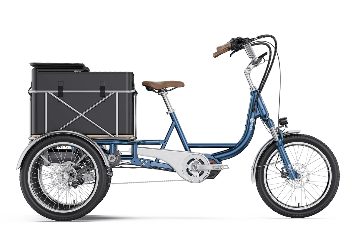 Letrigo Robin electric cargo trike, Blue, side view with cargo box