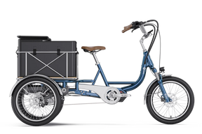 Letrigo Robin electric cargo trike, Blue, side view with cargo box