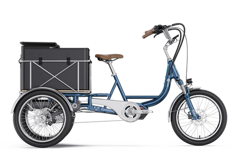 Letrigo Robin electric cargo trike, Blue, side view with cargo box