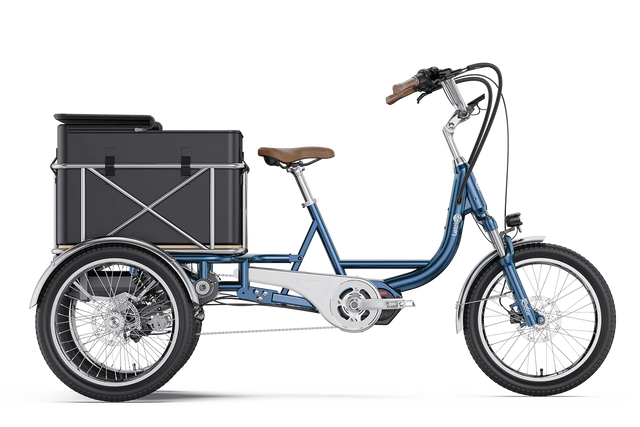 Letrigo Robin electric cargo trike, Blue, side view with cargo box
