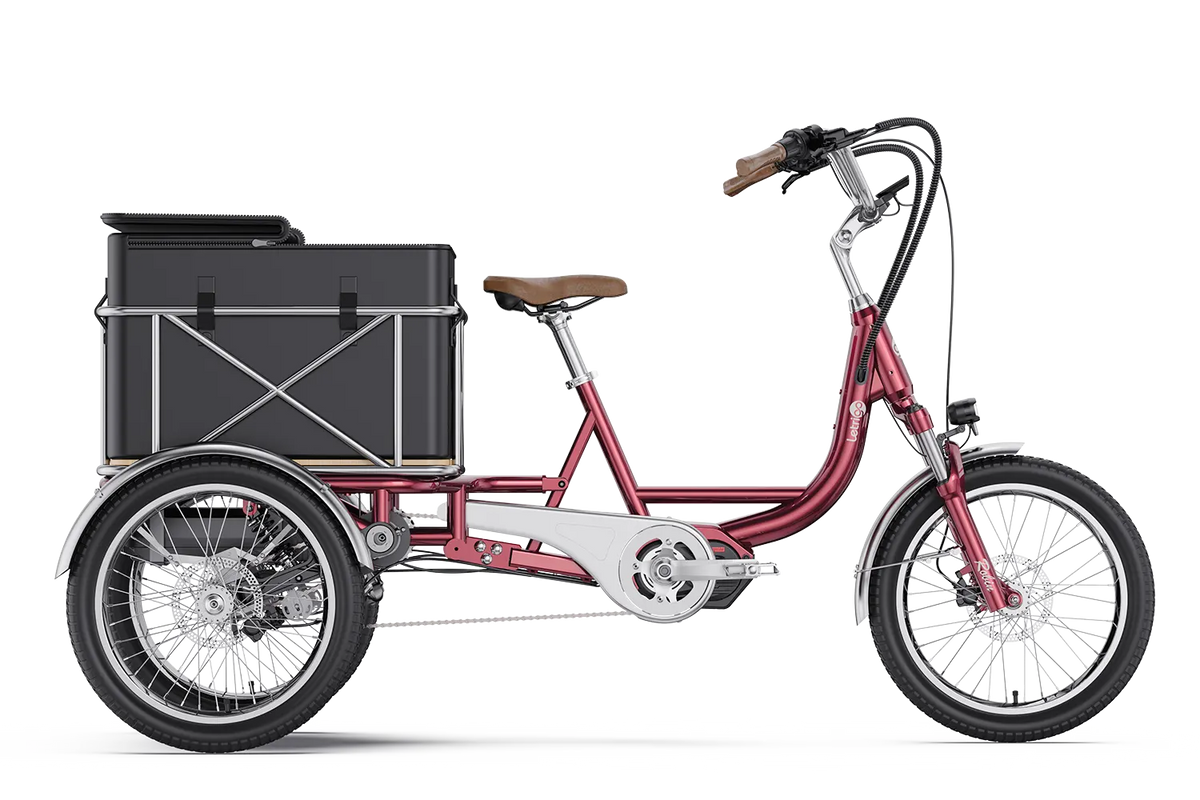Letrigo Robin electric cargo trike, Blue, three-quarter view with rear seat