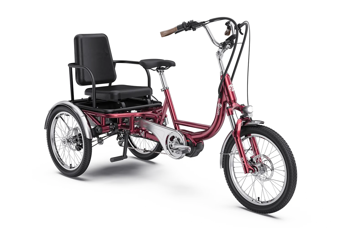 Letrigo Robin electric cargo trike, Red, three-quarter view with rear seat