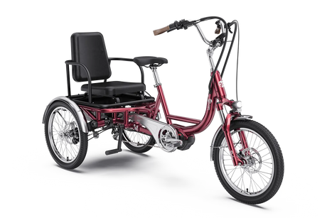 Letrigo Robin electric cargo trike, Red, three-quarter view with rear seat