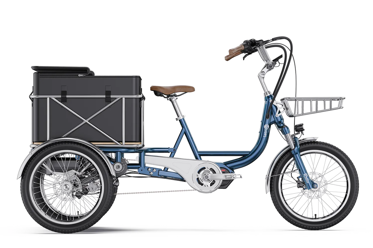 Letrigo Robin electric cargo trike, Red, side view with cargo box