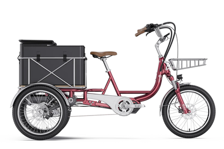 Letrigo Robin electric cargo trike, Red, with cargo box and front basket